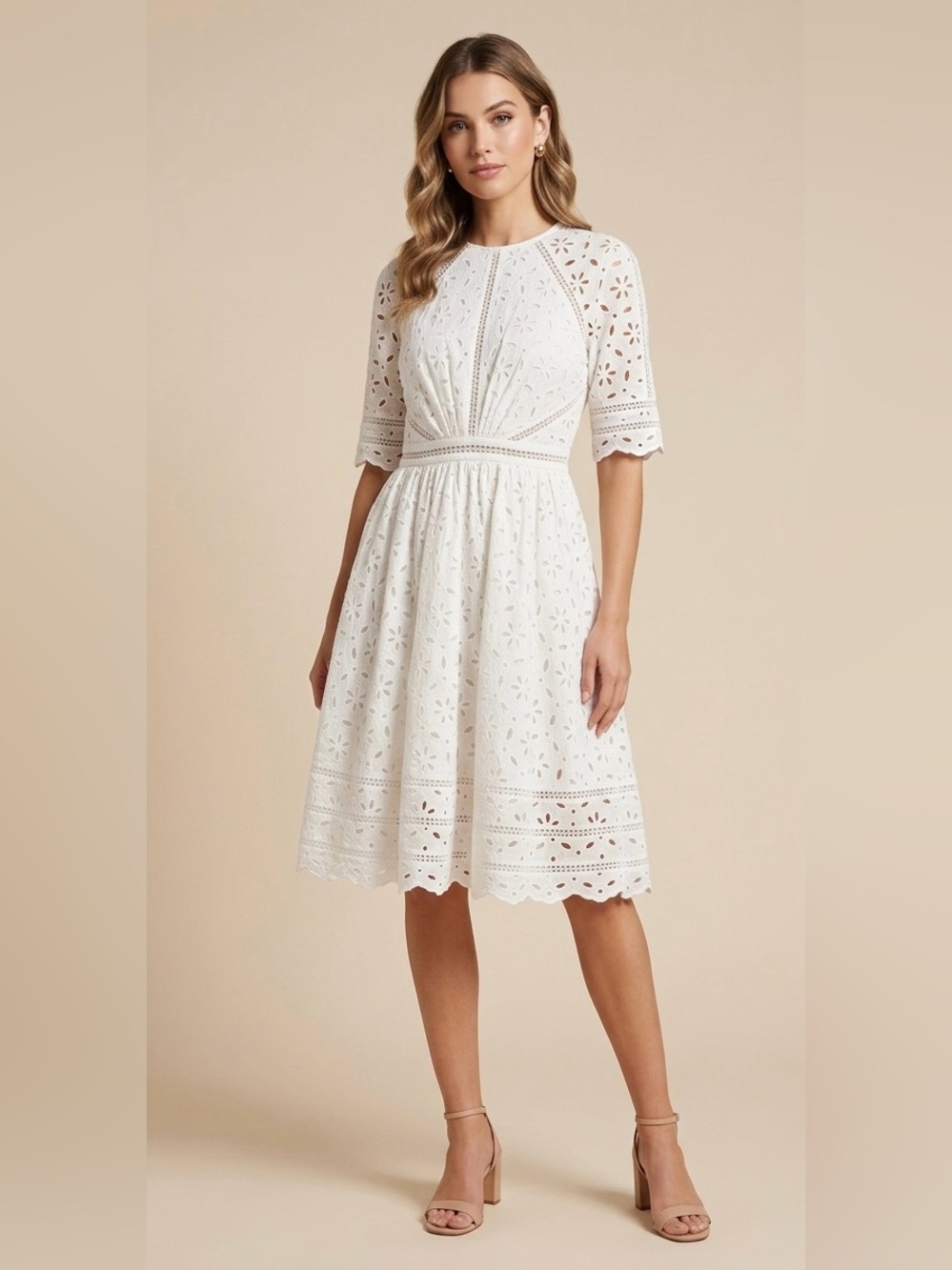 Zimmermann White Eyelet Lace Dress, Short Sleeve Broderie Anglaise Elegant Day